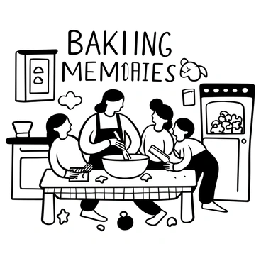 A cozy kitchen with wooden cabinets and a checkered tablecloth. A mother, a father, and two children are gathered around a large mixing bowl, mixing cookie dough with wooden spoons. Flour is dusted on the countertop, and cookie cutters in various shapes are scattered around. There is a baking sheet filled with unbaked cookies ready to go into the oven. In the background, an oven door is slightly open, revealing a tray of freshly baked cookies. The words "Baking Memories" are written in playful lettering above the scene.