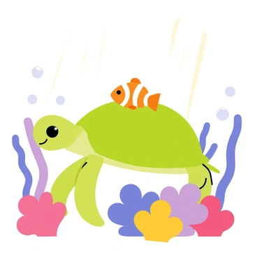 A tiny clownfish with bright orange and white stripes is perched on the back of a gentle sea turtle. The turtle has a smooth, greenish-brown shell and large eyes, appearing calm and serene. Surrounding them are colorful coral reefs with vibrant shades of purple, pink, and yellow, creating a lively underwater environment. Tiny bubbles are rising around them, and soft rays of sunlight filter through the water above, illuminating the scene.