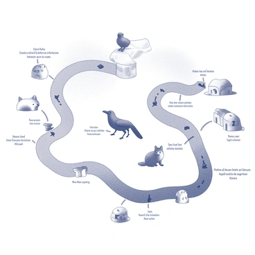 A detailed map illustrating the journey of the crow and the fox. The map features winding paths and distinct locations marked with small icons representing key events. The crow's starting point is indicated by a stylized representation of a tree, while the fox's den is marked by a small burrow icon. Along the paths, additional icons symbolize significant moments, such as food items, obstacles, and interactions between the crow and the fox. The layout of the map is clear and organized, with labeled locations that highlight the progression of the story, creating a visual guide to their adventure.