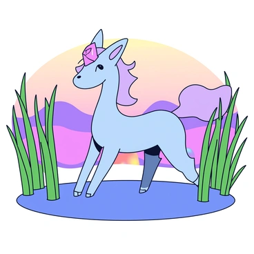 Suicune standing with its elegant blue body and flowing, light purple mane amidst tall, swaying green reeds. The creature has its distinctive crystal on its forehead glimmering softly in the fading light. The background features a calm lake reflecting the dusky sky, which transitions from pale orange to deep purple as the sun sets. The reeds rustle gently, creating a sense of tranquility around the scene.