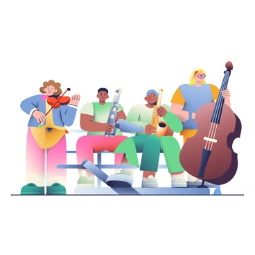 A group of musicians playing different instruments, each contributing to the function of a harmonious melody