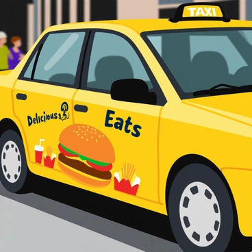 A vibrant advertisement on the side of a yellow taxi features a mouthwatering burger stacked high with fresh lettuce, tomatoes, and melted cheese. Brightly colored text reads "Delicious Eats - Dine Local!" in bold font alongside eye-catching graphics of fries and a refreshing drink. The taxi is parked on a busy city street, with blurred figures of pedestrians walking by in the background. The advertisement captures the essence of the restaurant's inviting atmosphere and appealing menu.