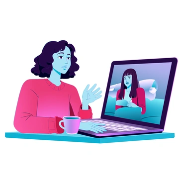 A young woman with medium skin and curly hair is sitting at a desk, looking at her laptop screen with a concerned expression. She is wearing a cozy sweater and has a warm cup of tea beside her. On the screen of the laptop, a friend with light skin and straight brown hair is visible, appearing distressed. The friend is sitting on a bed, surrounded by soft pillows, with a tissue box nearby. The atmosphere in the room is warm and inviting, with soft lighting casting gentle shadows. The young woman reaches out to the screen, as if offering comfort and support through the video call.