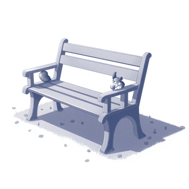 A park bench with a squirrel perched on the armrest eating an acorn
