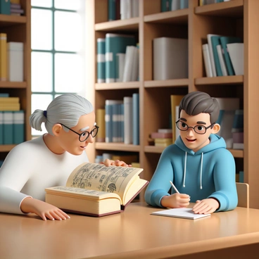 An elderly librarian, with silver hair neatly tied back and wearing round glasses, sits at a large wooden table in a cozy library filled with tall bookshelves. The librarian is leaning over an ancient book, its pages yellowed and covered with intricate illustrations. A young student, with bright eyes and wearing a blue hoodie, sits across from the librarian, attentively listening and taking notes on a notepad. Soft light filters through a nearby window, illuminating the faces of both individuals as the librarian gestures towards the book, sharing wisdom. The atmosphere is filled with a sense of curiosity and learning.