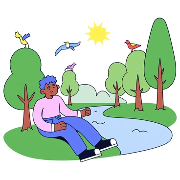 A person sitting on a grassy bank beside a river. The person is wearing a light-colored shirt and jeans, with a relaxed posture while leaning back on their hands. The river water is flowing gently, creating small ripples. Surrounding the river are tall green trees, their leaves rustling slightly in the breeze. In the background, several colorful birds can be seen perched on branches and in flight, adding movement to the scene. The sun is shining brightly, casting soft shadows on the ground.