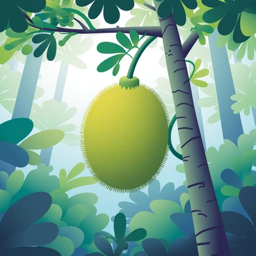 A large jackfruit is hanging from a sturdy branch of a tall tree in a dense tropical jungle. The jackfruit is green with a spiky texture and is prominently positioned in the center of the image. Surrounding it is lush foliage, featuring various shades of green, with large leaves and vines intertwining. Sunlight filters through the dense canopy above, casting soft light on the jackfruit and the surrounding leaves. In the background, additional trees and plants create a vibrant, rich jungle atmosphere.