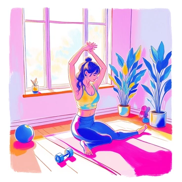 A woman is performing stretches in a minimalist home gym. She has long dark hair tied back in a ponytail. She is wearing a fitted athletic tank top and leggings. The floor is made of light wood, and the walls are painted white. Around her, there is a yoga mat, a set of dumbbells, and a stability ball. A large window allows natural light to fill the room, highlighting the simplicity of the space. There is a plant in the corner, adding a touch of greenery to the environment.
