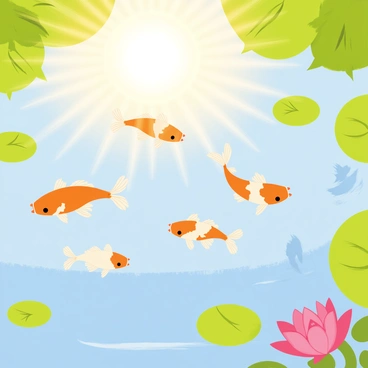 A pond filled with clear water, featuring several orange and white koi fish swimming gracefully. The surface of the water reflects the warm glow of a sunrise, casting soft golden light over the scene. Lush green lily pads float on the water, and delicate pink lotus flowers bloom among them. Gentle ripples radiate from where the koi fish swim, enhancing the tranquil atmosphere of the pond.