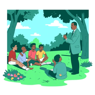 A teal Martin Luther King Jr. stands confidently at the front, delivering an inspiring speech to a diverse group of boys gathered in a green park. The boys, of various ethnicities, are seated on the grass, listening intently with expressions of curiosity and admiration. Behind them, trees with thick trunks provide shade, while patches of colorful flowers bloom nearby. In the background, a bright blue sky is visible, scattered with a few fluffy white clouds. The scene captures the essence of friendship and equality as the boys engage with King's powerful message.