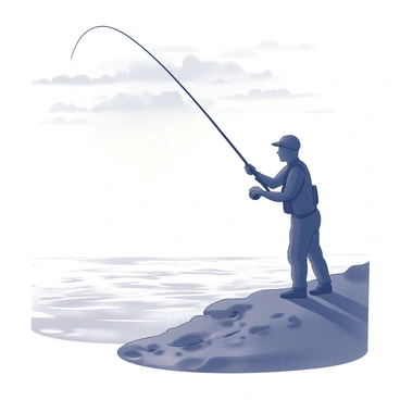 The silhouette of a fisherman casting a line against a colorful sunset