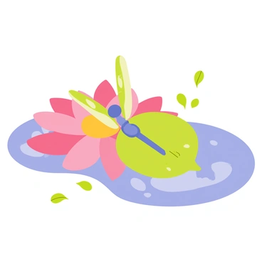 A dragonfly with iridescent green and blue wings is resting on a large round water lily pad. The wings are glistening with moisture, reflecting light in various shades. The water lily has soft pink petals, and its yellow center is visible. Surrounding the lily pad, there are gentle ripples in the water, and a few small green leaves float nearby. The scene captures a tranquil moment in nature.