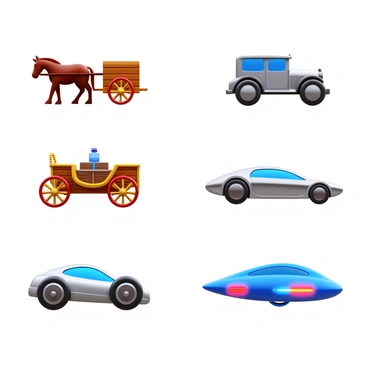 A sequence showing "a horse-drawn carriage" in the first frame, featuring a brown horse and ornate wooden design. The second frame displays "an early automobile," showcasing a vintage car with large wheels and a shiny chrome finish. The third frame presents "a modern electric car," featuring a sleek, aerodynamic shape and futuristic elements. The final frame illustrates "a futuristic vehicle," characterized by a streamlined design, hovering technology, and glowing lights. Each frame transitions smoothly to depict the evolution of transport.