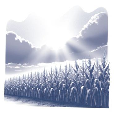 A vast expanse of cornfields stretching towards the horizon. Tall, green corn plants stand in neat rows, their leaves rustling gently in the breeze. Above, a dramatic sky filled with thick, dark clouds creates a sense of impending weather. Rays of sunlight break through the gaps in the clouds, casting striking beams of light onto the cornstalks below. The contrasting light and shadow play across the landscape, highlighting the texture of the leaves and the earth.