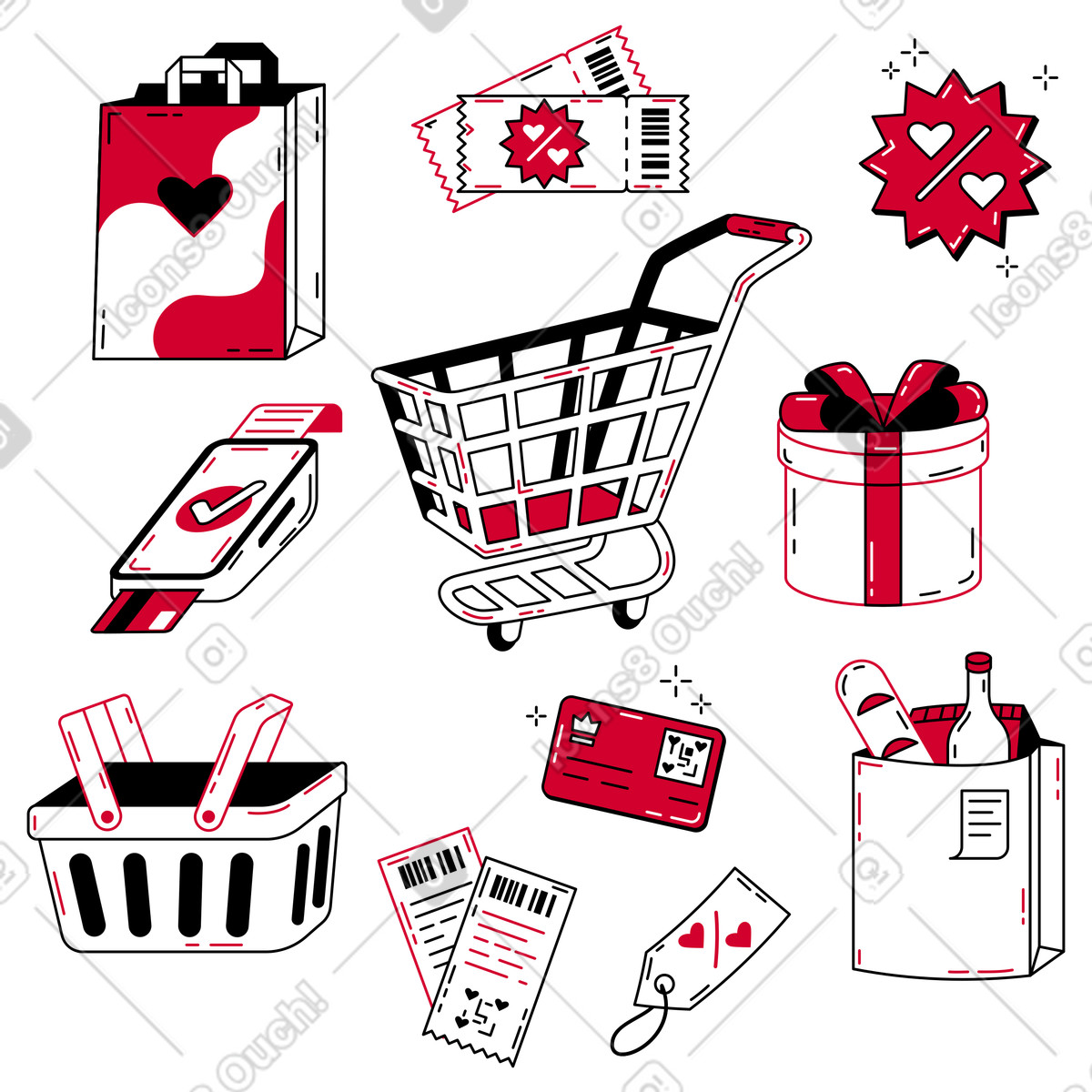 Shopping items with gifts and coupons illustration in Ruby style download in PNG, SVG