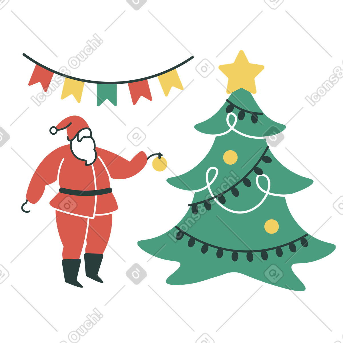 Macaroni スタイルの クリスマスツリーを飾るサンタクロース のイラストをPNG、SVG形式でダウンロード