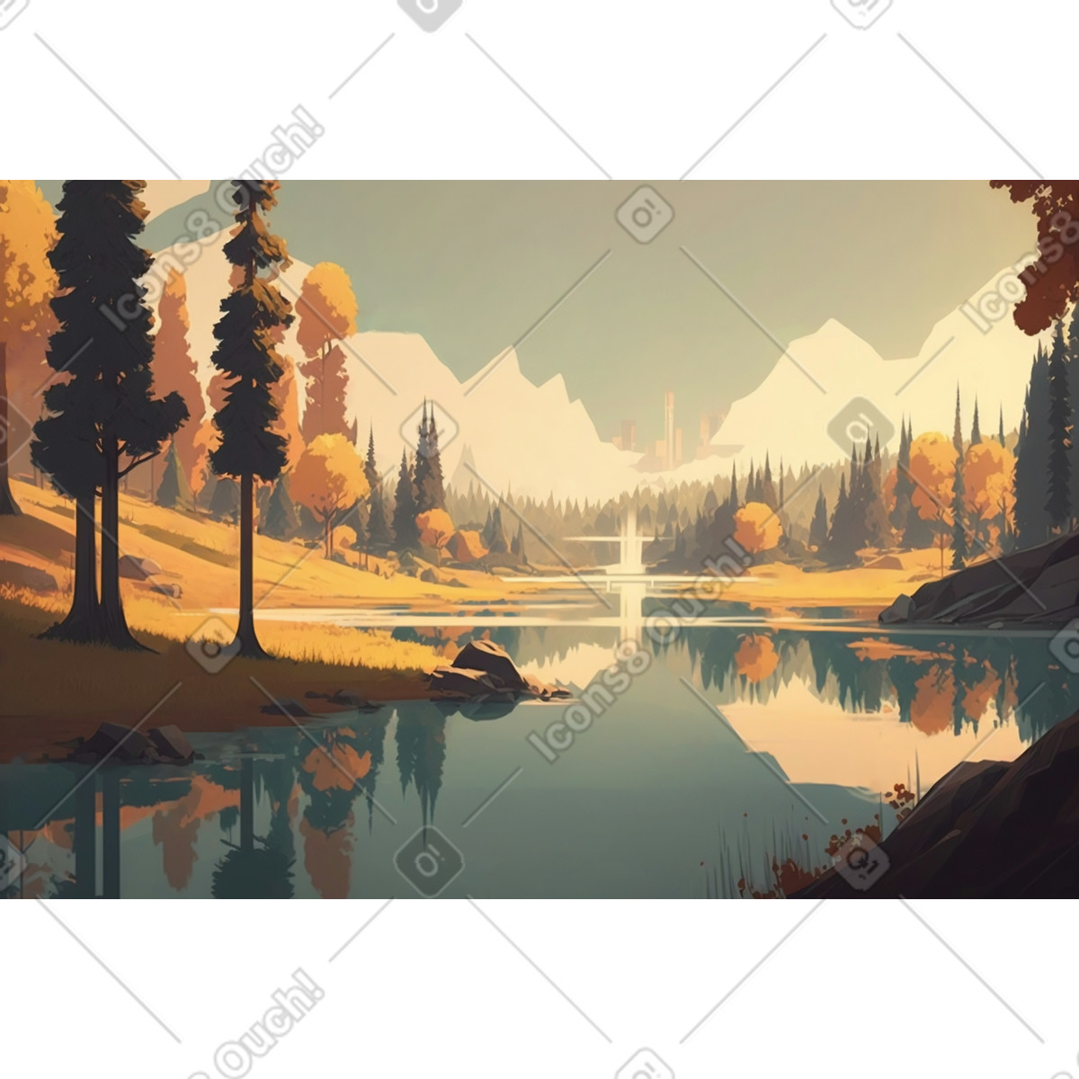 下载 Experimental 风格的 森林景观与湖背景 插画，支持 PNG、SVG 格式