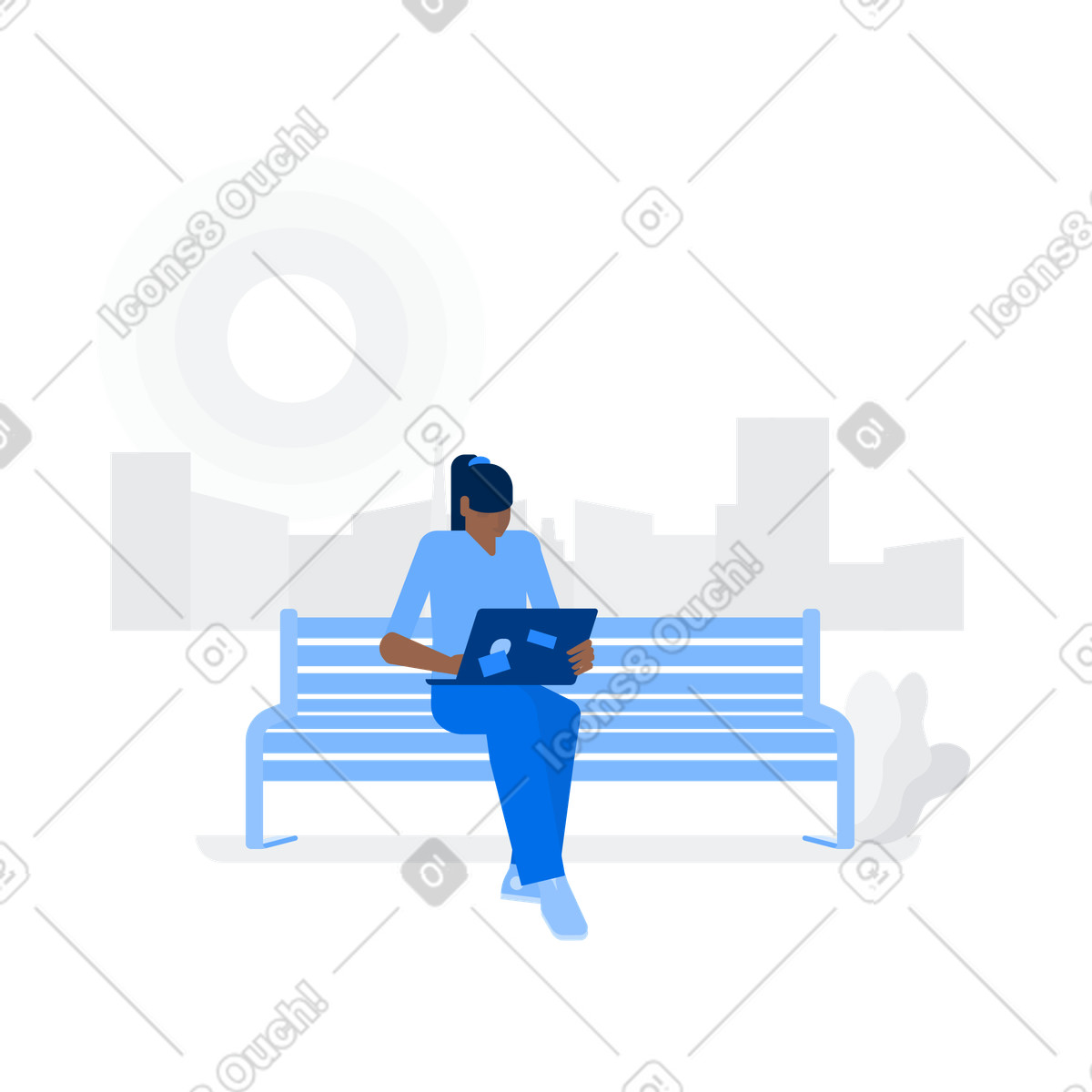 Person using laptop on park bench, urban work flexibility and freelancing-Illustration im -Stil als Download in PNG, SVG