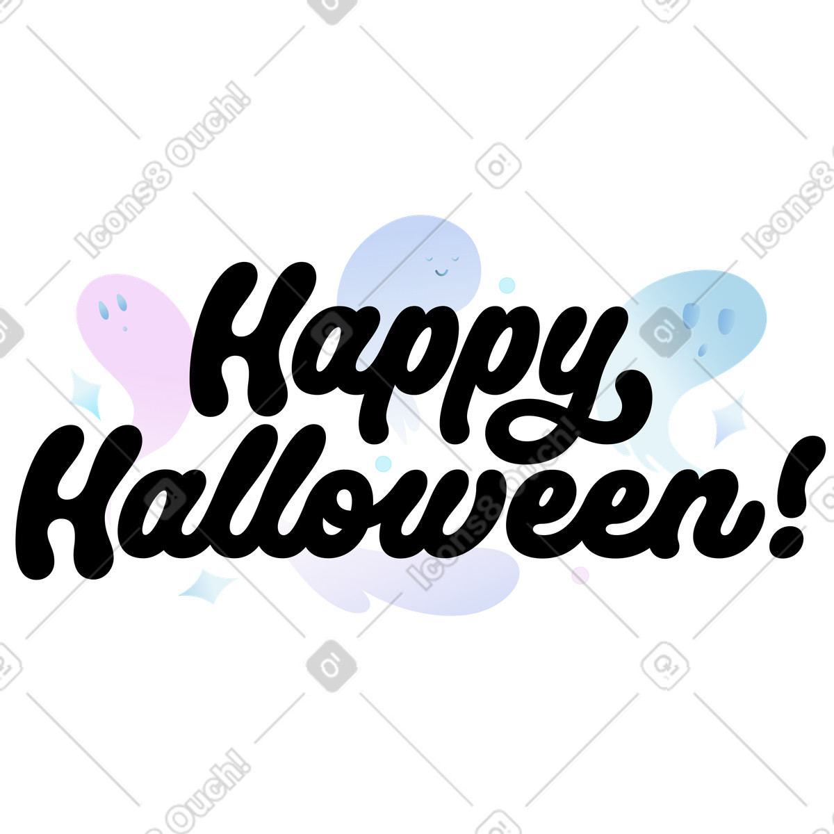 Airy スタイルの Ghosts with Happy Halloween lettering, greeting card のイラストをPNG、SVG形式でダウンロード