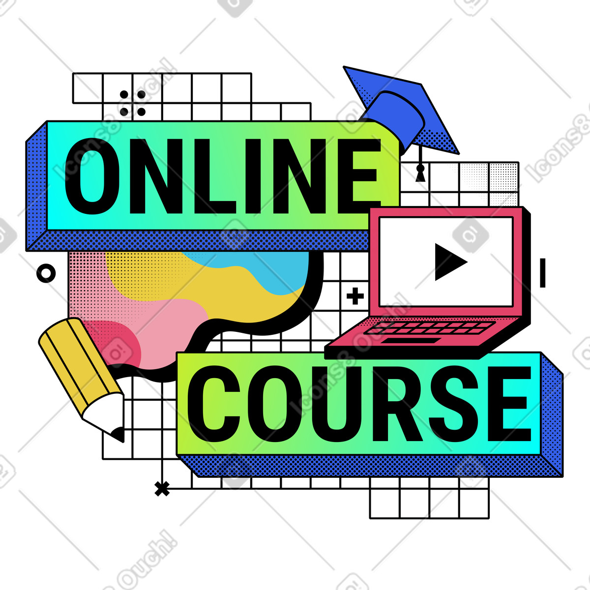 Оnline course with video tutorial illustration in Memphis style download in PNG, SVG