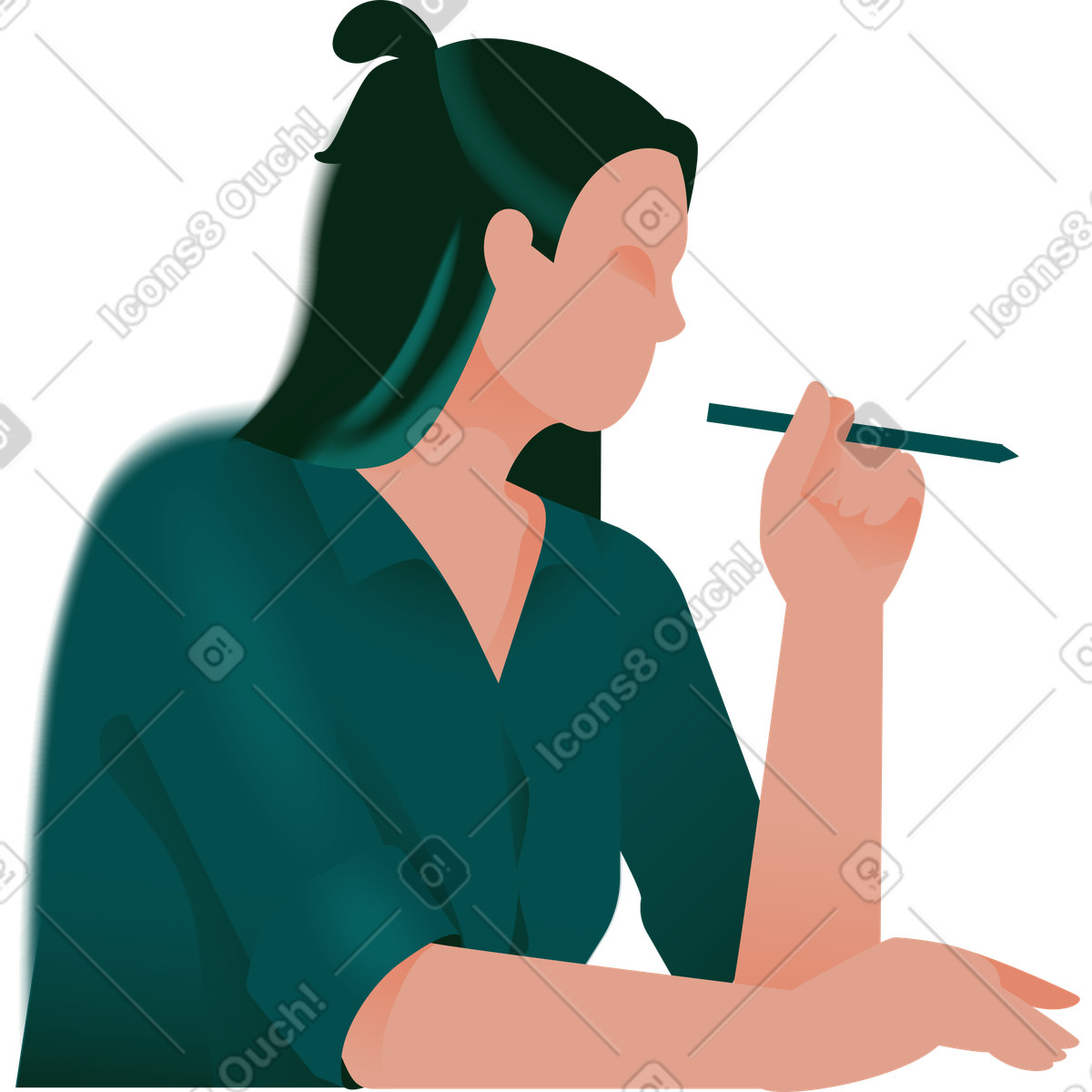 Woman with a pen in her hand bends down side view illustration Office style download PNG, SVG