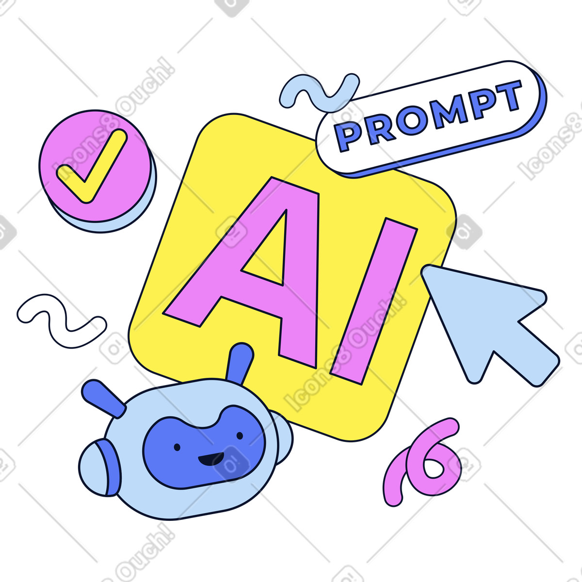 Illustration Colorful ai letters with prompt and bot, generative technology automation dans le style Flexy à télécharger aux formats PNG, SVG