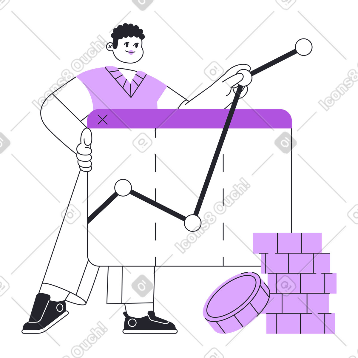 Employee showing financial growth with graph and coin stack, Presentation of profitable investments illustration in Grapy style download in PNG, SVG