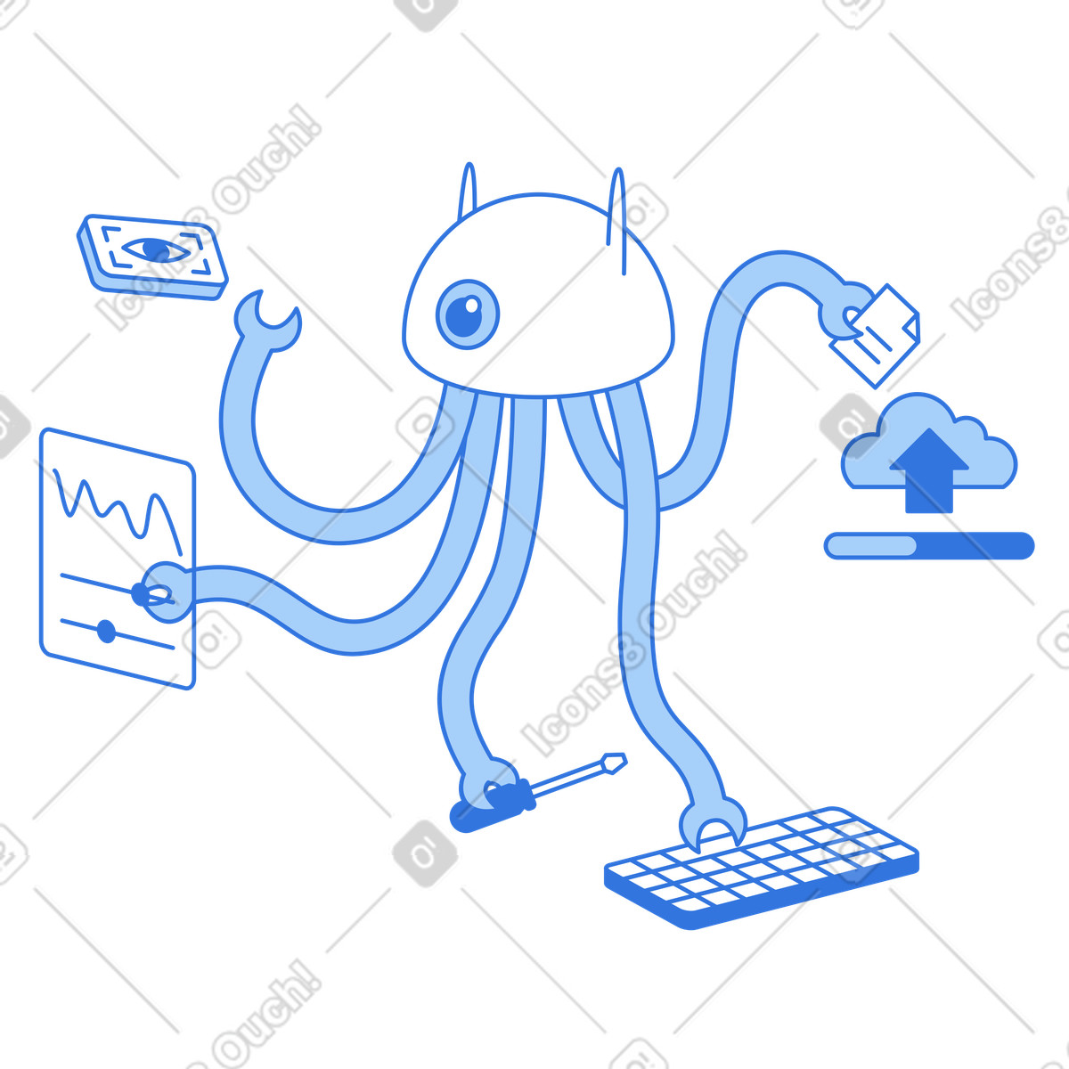 下载 Sky 风格的 AI robot with many arms multitasking, Workflow automation and efficiency 插画，支持 PNG、SVG 格式