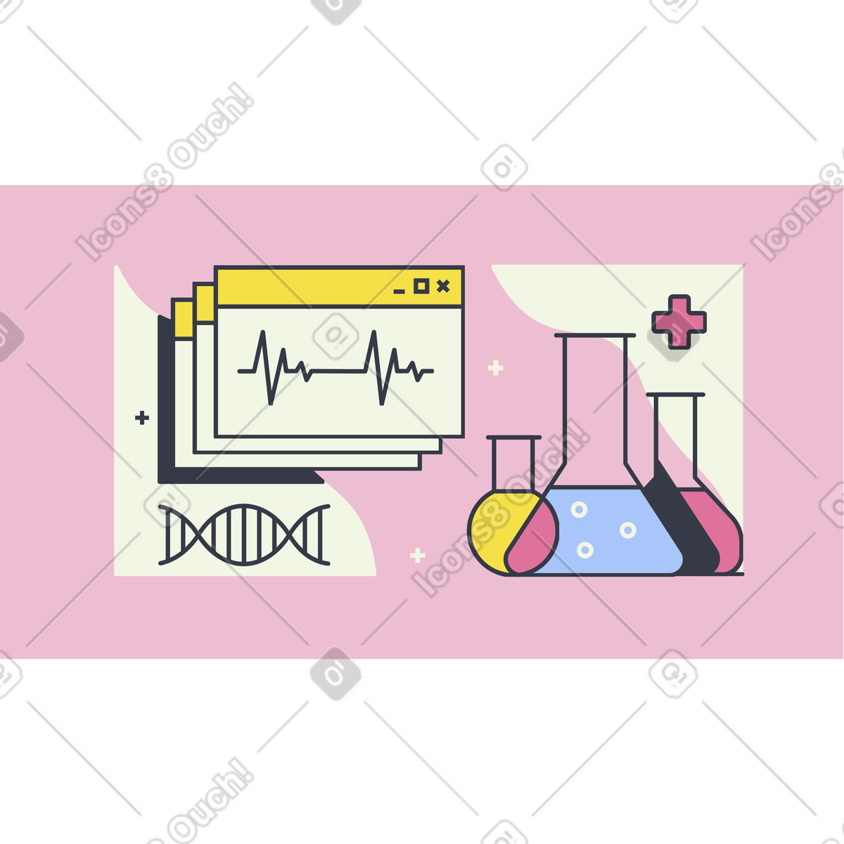 Illustration animée Flacons et cardiogramme pour la recherche en biotechnologie dans le style Abstract à télécharger aux formats GIF, Lottie (JSON), AE