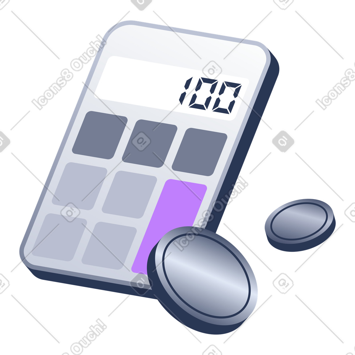 Calculator and Coins, Financial Cost Calculation, Accounting and Finance Tools illustration in Lucent style download in PNG, SVG