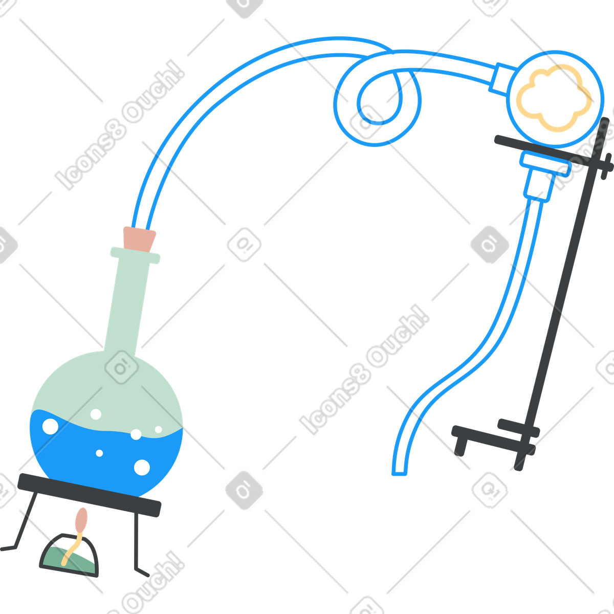 Illustration Flacon en verre avec liquide et tube sur un support métal noir dans le style Kiddo à télécharger aux formats PNG, SVG