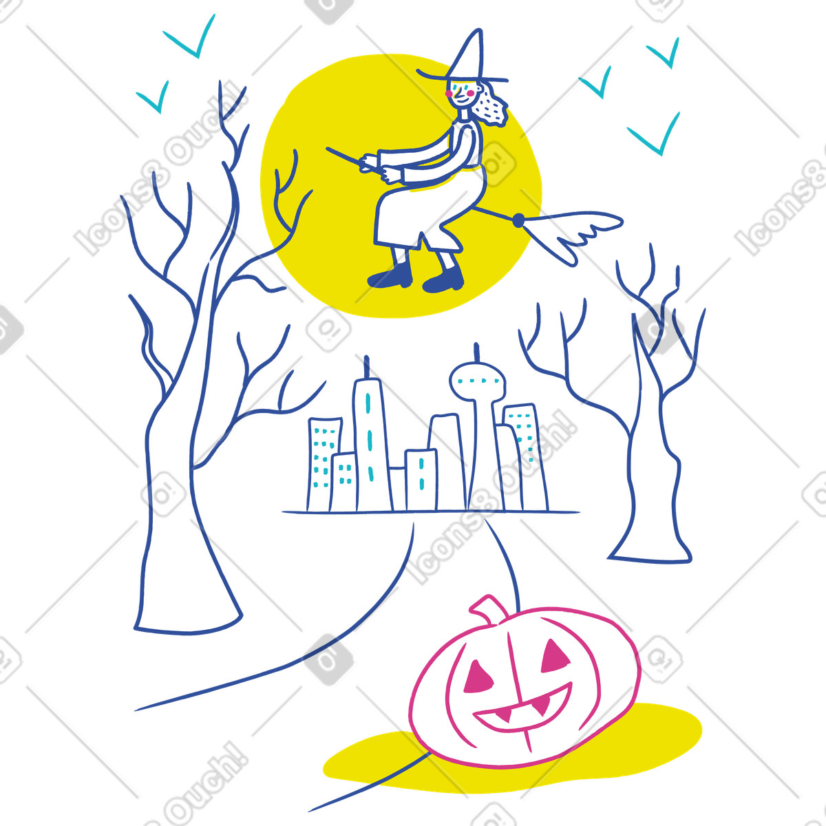 Ilustração de Noite halloween na floresta com uma bruxa voadora, abóbora e morcegos em no estilo Experimental para baixar em PNG, SVG