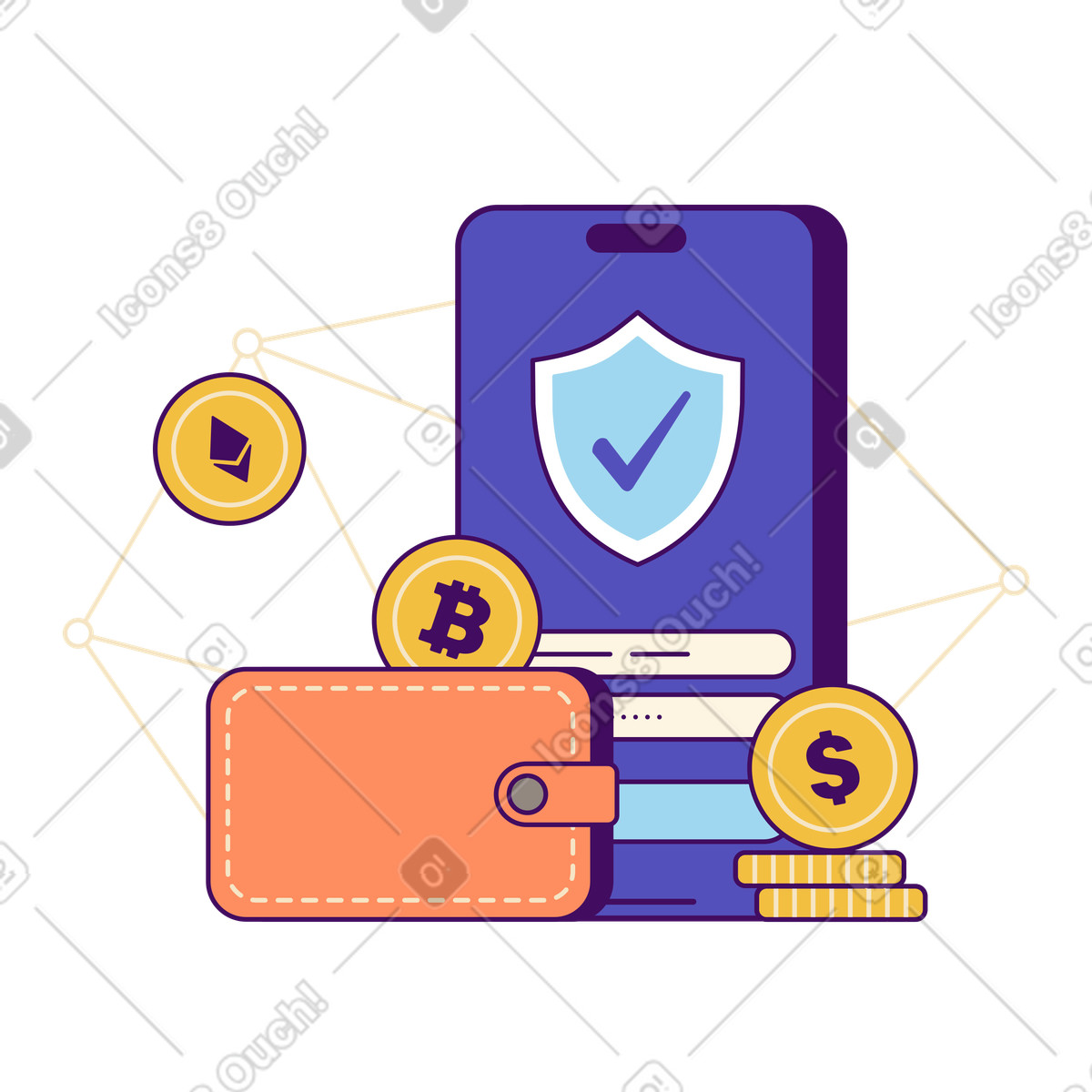 Mobile wallet with crypto coins and app interface, Blockchain transactions online finance illustration in Simplistic style download in PNG, SVG