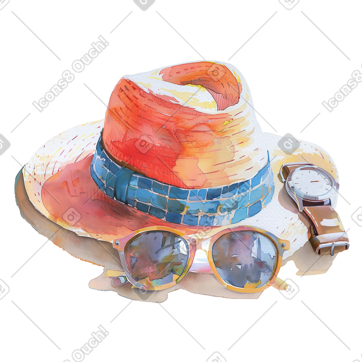 Hut mit uhr und brille-Illustration im Watercolor-Stil als Download in PNG, SVG