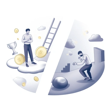 A split illustration featuring two contrasting scenes. On the left side, there is a person with a confident expression, surrounded by symbols of success such as "a trophy," "gold coins," and "a ladder reaching towards the sky." The individual is standing on a cloud, suggesting a sense of elevation and aspiration. On the right side, the same person appears troubled, facing various obstacles represented by "a large boulder," "a wall," and "a stormy environment." The figure is in a crouched position, appearing to strategize a way through these challenges. The two halves of the illustration are visually balanced, highlighting the dichotomy between dreams and struggles.