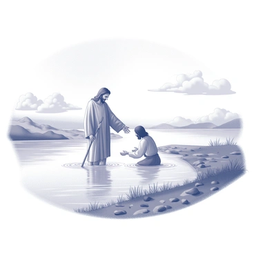 A river flowing gently with clear water. In the center of the scene, a figure, "John the Baptist," stands in the water, dressed in simple, draped garments. He is holding a staff in one hand and is reaching towards another figure, "Jesus," who is kneeling in the water. "Jesus" is wearing a plain garment, his long hair gently falling over his shoulders. The sky above is filled with soft, swirling clouds, creating a bright atmosphere. Surrounding the riverbank are small stones and patches of grass, adding to the natural setting.