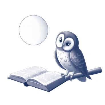 An owl is perched on a sturdy branch. The owl has large, round eyes and intricate feather patterns. Its wings are resting against its sides. Underneath a bright, luminous moon, the owl is focused on an open book perched on the branch in front of it. The book has ornate details on the cover, and the pages are slightly fluttering as if caught by a gentle breeze. The moonlight casts soft shadows on the owl and the branch, creating a mystical atmosphere in the scene.