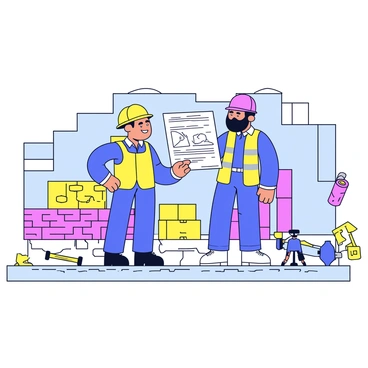 An apprentice learning from a foreman at a construction site, surrounded by building materials.