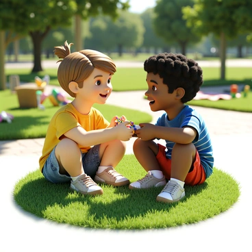 Two children sitting on a green grassy patch in a sunny park, surrounded by trees and colorful flowers. One child has light brown hair tied in a ponytail, wearing a yellow t-shirt and denim shorts. The other child has curly black hair, wearing a blue striped shirt and red shorts. They are smiling at each other as they exchange handmade friendship bracelets made of colorful beads and string. In the background, there is a picnic blanket with a basket and some toys scattered around. The sunlight is shining brightly, casting soft shadows on the ground.