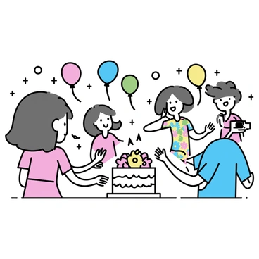 A joyful woman with long brown hair, wearing a colorful floral dress, is cutting a beautifully decorated birthday cake. The cake is layered, with white icing and vibrant flowers on top. Around her, friends are gathered, cheering with smiles on their faces. One friend, wearing a blue shirt, holds a camera, capturing the moment. Another friend, in a red dress, is clapping with excitement. Balloons in various colors float in the background, creating a celebratory atmosphere.