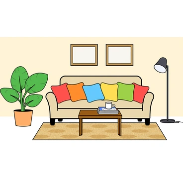 A cozy living room featuring a light beige sofa adorned with colorful throw pillows. There is a small wooden coffee table in front of the sofa, holding a steaming mug and a stack of magazines. A bright green potted plant with broad leaves sits in one corner, adding a touch of nature to the space. The walls are painted a soft pastel color, and framed simple artwork is hanging above the sofa. A woven rug with a geometric pattern covers the floor, and a floor lamp with a round shade stands beside the sofa, providing warm light. The room is inviting and arranged for comfort and relaxation.