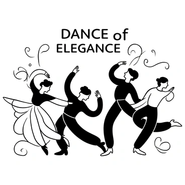 A group of dancers wearing flowing costumes, gracefully posed in various dance positions. The costumes feature intricate patterns and designs that emphasize their movement. The dancers are arranged in a dynamic composition, showcasing the elegance of their forms as they interact with one another. The background includes decorative elements that enhance the overall visual narrative, creating an atmosphere of refinement and artistry. The dancers' arms and legs are elongated, adding to the sense of fluid motion in the scene. The words "Dance of Elegance" are displayed prominently above them.