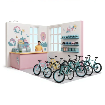 A trendy urban bicycle shop featuring a variety of bicycles displayed prominently. The shop has walls adorned with colorful graffiti art, showcasing vibrant designs and patterns that add an energetic atmosphere. A counter is positioned towards the back, with a friendly staff member standing behind it, ready to assist customers. Various bicycle accessories, such as helmets and locks, are arranged neatly on shelves. Large windows allow natural light to fill the space, illuminating the diverse selection of bicycles and the artistic decor.