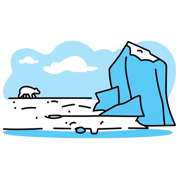 A vast icy arctic landscape, featuring towering icebergs with jagged edges and a bright blue tint. The foreground shows shimmering ice with small cracks and reflections. In the distance, a solitary polar bear is seen walking on the ice, its white fur contrasting against the icy terrain. The sky is a pale shade of blue with wispy white clouds drifting above.