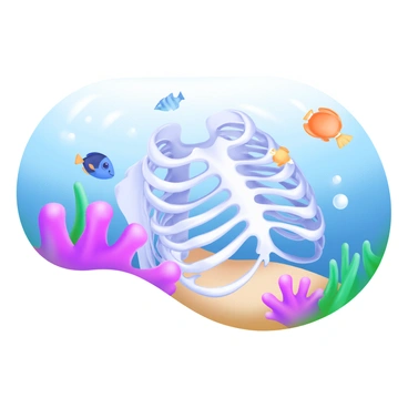 A rib cage partially submerged underwater, with intricate details visible in the bones. The water is clear, allowing light to filter through, casting gentle ripples on the sand below. Various colorful fish, including orange clownfish, blue tangs, and yellow butterfly fish, swim gracefully around the rib cage. Coral formations in vibrant shades of pink, purple, and green provide a striking backdrop, enhancing the underwater scene. Small bubbles rise from the rib cage, creating a sense of movement in the tranquil ocean environment.