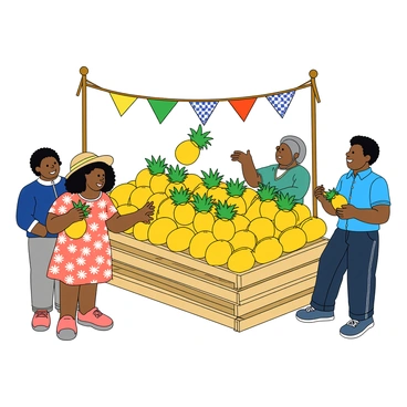 A bustling market stall with stacks of pineapples and customers picking their favorites