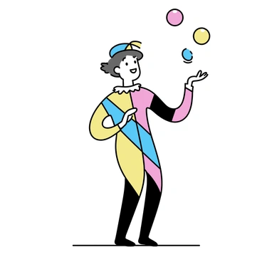 A guest wearing a harlequin costume with a diamond pattern in vibrant colors, standing on a simple stage. The costume features a ruffled collar and a matching hat. The guest is juggling three brightly colored balls in the air, with each ball showing a different hue: red, blue, and yellow. The background is minimal, allowing the focus to be on the guest and the act of juggling.