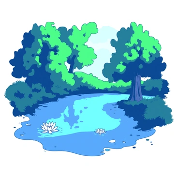 A blue forest pond with a smooth mirror-like surface is reflecting tall green trees and their vibrant leaves. The water is surrounded by soft, lush grass, with some small pebbles scattered at the pond's edge. A few delicate white lilies are floating on the surface of the water, adding a touch of elegance to the scene. Sunlight filters through the trees, creating patches of light that dance across the pond.