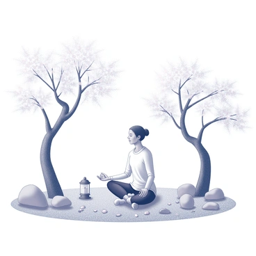 A person seated in a cross-legged position, practicing meditation. The individual is surrounded by smooth stones and carefully arranged gravel, indicative of a traditional Japanese garden. Delicate cherry blossom trees, with branches adorned with blooms, frame the scene. The trees have a mix of thick trunks and slender branches, creating a harmonious natural canopy. A small stone lantern positioned nearby provides a focal point, and a gentle breeze causes some petals to drift gracefully downwards.