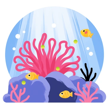 A bright anemone with pink and purple tentacles is perched on a rocky coral reef. The anemone's tentacles are waving gently in the water. Sunlight is filtering through the water, creating a shimmering effect around the anemone and illuminating the surrounding coral formations. Various small fish are swimming nearby, adding life to the underwater scene.